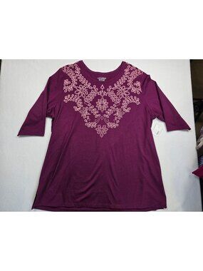 NWT Catherines Womens Easy Fit Tee Embroidered Neckline 2X 22/24W Purple